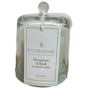 Everhome Bergamot & Basil Scented Candle 9oz with Glass Cloche New